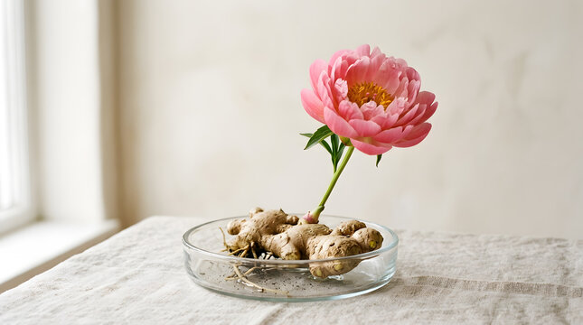 A single delicate pink peony flower emerges from a clear glass dish containing whole ginger roots presented on a textured cloth surface with soft natural light filtering in from a nearby window