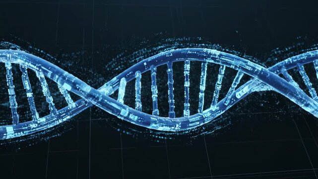 digital dna helix structure glowing blue and futuristic, representing biotechnology, genetics research, and scientific innovation