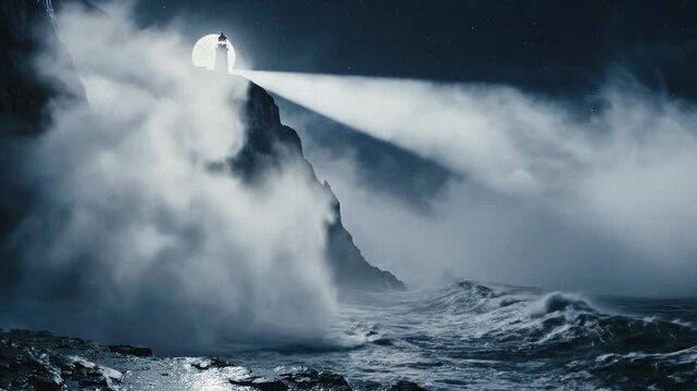 Dramatic lighthouse on rocky cliff at night, beam cutting through fog and sea spray