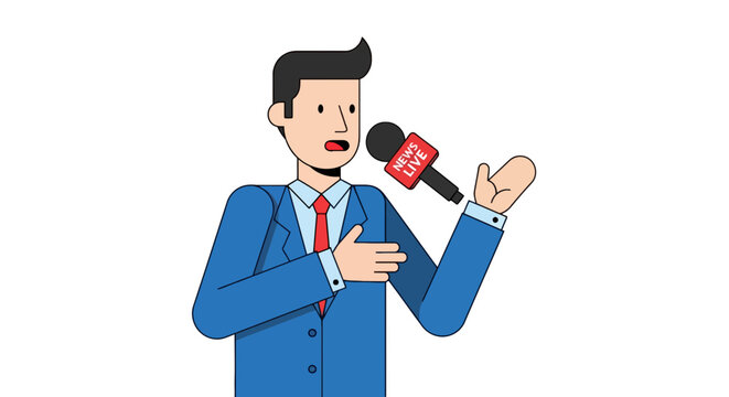 Cartoon news reporter character in blue suit interviewing with microphone; stylized vector design for news media and public communication