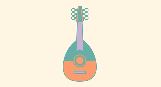 Cartoon stringed musical instrument illustration in teal and peach isolated on cream background artistic drawing of vintage lute mandolin style