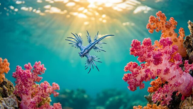 Blue Dragon Sea Slug Glaucus Atlanticus Underwater Coral Reef Sunlight.