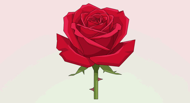 Illustration of a striking red rose with thorns showcasing detailed petals and sharp edges against a light pink and green gradient background