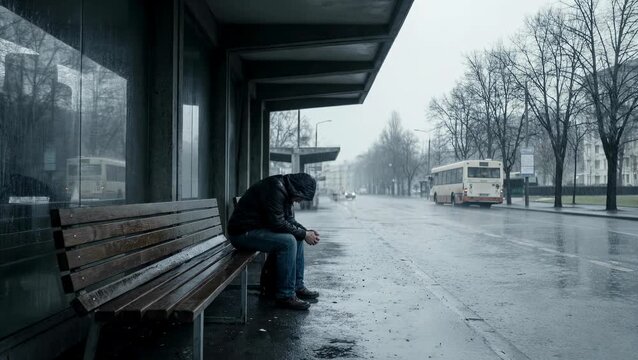 Man sitting alone on a bench at a bus stop in the rain.