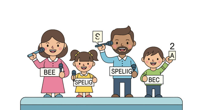 Spelling bee competition with family members holding letter cards and microphones in a colorful cartoon vector illustration style