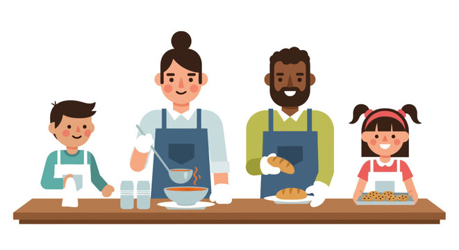 Volunteers serve soup bread and cookies at food bank in illustration style. Family helping those in need during hard times in a community project