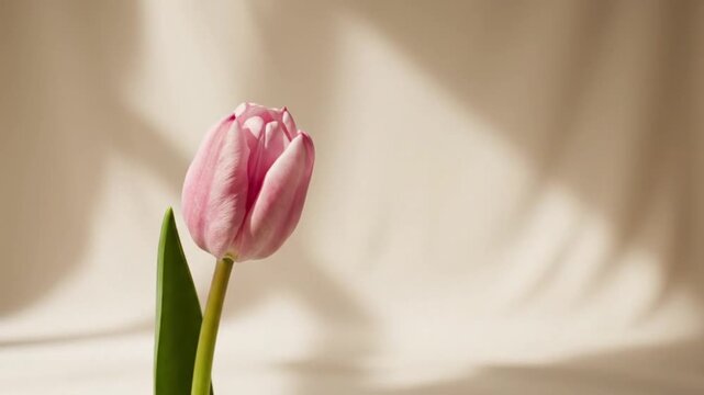 One tulip bud on soft beige background, minimal, elegant, lots of empty space