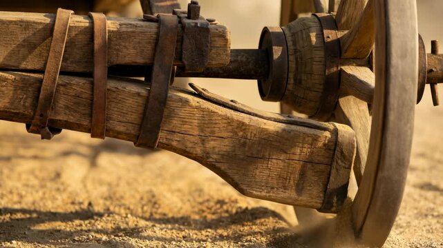Close up of an old wooden cart wheel rolling on dusty ground.