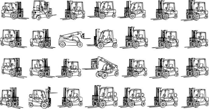 Collection of various industrial forklifts and telehandlers, including counterbalanced, rough terrain, and telescopic handlers, presented as detailed black and white line art sketches