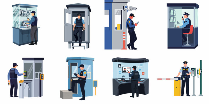 A set of flat vector illustrations featuring security guards performing various duties such as monitoring surveillance, patrolling, and managing access control points.