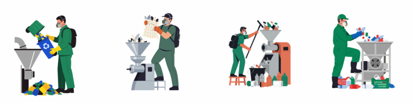 Flat vector illustrations of industrial workers in protective gear processing plastic waste through recycling shredders and machinery on a white background.