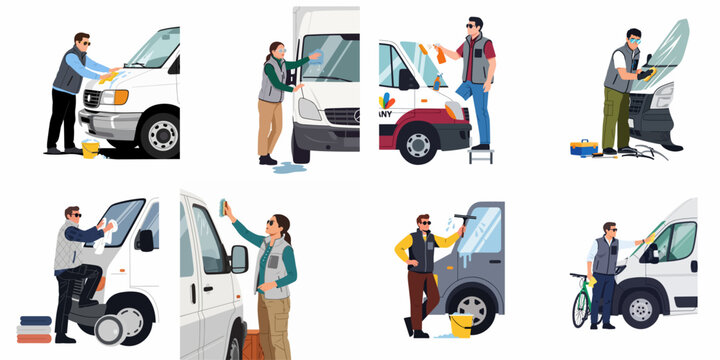 Set of flat illustrations showing professional male and female workers cleaning and maintaining white commercial delivery vans and transport vehicles.