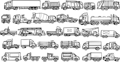 Detailed Hand-Drawn Sketch Set of Diverse Commercial Trucks and Transport Vehicles: Semi-Trailers, Dump Trucks, Vans, and Specialized Lorries for Logistics and Construction © kulinadsgn