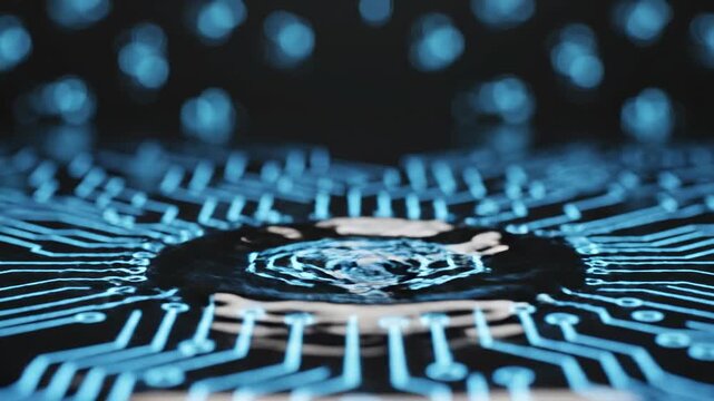 Abstract splash of clear water forming a crown shape on glowing blue circuit board lines, futuristic technology concept, high speed photography