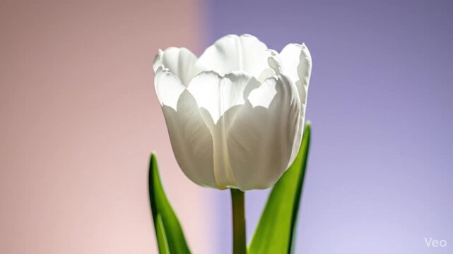 Single white tulip centered on pastel background soft light calm premium minimal composition