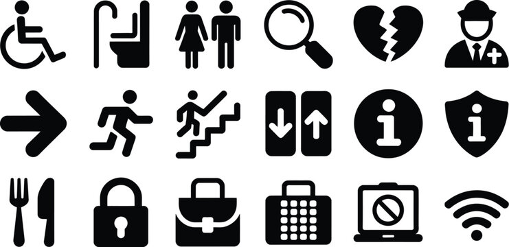 Public Area Wayfinding Glyph Icon Bundle Vector Set, Black Silhouette Navigation Symbols for Escalator, Elevator, Stairs, Info Desk, Fire Extinguisher, Food Court, Airports and Malls