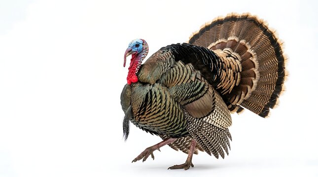Vibrant wild turkey displaying its fanned tail feathers against a stark white environment, woodland fowl, large avian, ground bird male turkey.