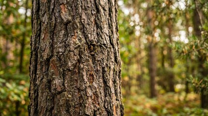 Obraz premium Close-up of rough pine tree bark texture in a sunlit forest, natural background