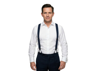 Fototapeta premium Smiling corporate employee in professional attire. Isolated studio portrait of successful businessperson for company website avatar and profile picture.