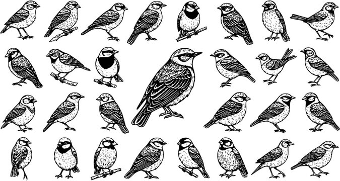 Detailed hand-drawn pattern of various small birds like sparrows and songbirds. Black and white sketch illustration showcasing diverse avian species.