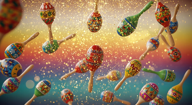 Colorful maracas floating in mid-air against a vibrant rainbow background, with glittering particles, cinco de mayo, mexico 5 may, festival holiday template, poster banner download, 2026 2027