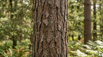 Obraz premium Close-up of rough pine tree bark in a sunlit forest, natural texture background