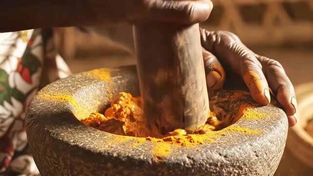 Close up of elderly hands grinding yellow turmeric root into powder using a traditional stone mortar and pestle