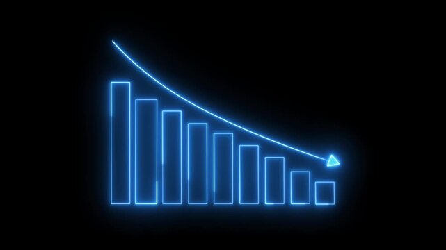 A glowing blue neon bar chart with downward curve arrow on a dark background, representing financial decline, negative trend and decreasing performance, perfect for analytics, business and data visual