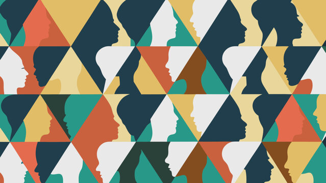 Geometric pattern featuring multiple silhouetted profiles in vibrant colors