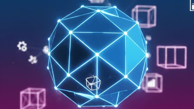 Abstract digital network connecting glowing geometric shapes and data visualizations, futuristic technology background