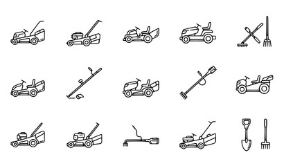 Lawn mower and garden equipment icons – line art vector set © MstBabli