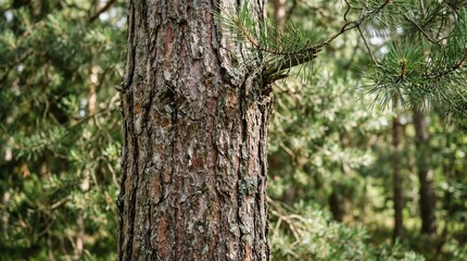 Fototapeta premium Close-up of a pine tree trunk with textured bark and green needles in a forest.