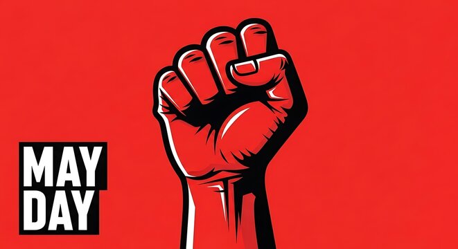 Fist raised in solidarity for May Day labor rights protest on red background
