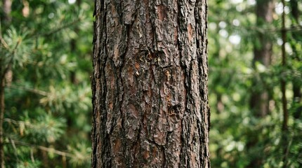 Fototapeta premium Close-up of rough pine tree bark texture in a forest with green foliage background