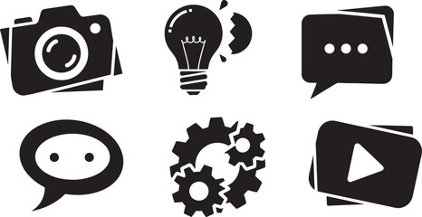 Set of 6 black icons: camera light bulb speech bubbles gears with dialogue mechanical illustration isolated collection communication technology business creativity photography settings © antor