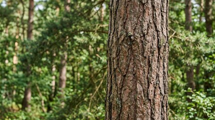 Fototapeta premium Close-up of a pine tree trunk with textured bark, blurred forest background
