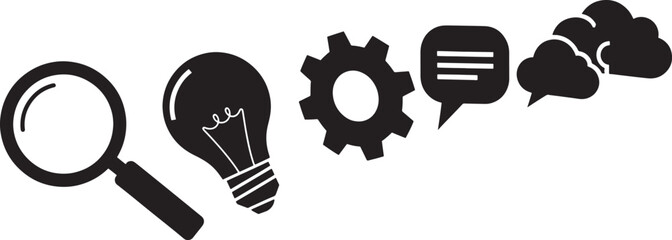 Linear arrangement of 5 black icons: magnifying glass light bulb gear speech bubbles with magnifying illustration isolated collection communication technology business creativity settings © antor