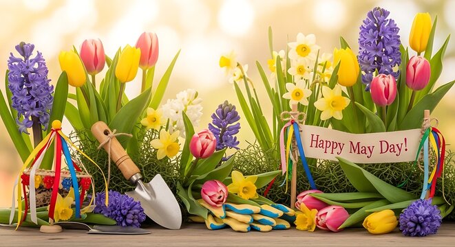 Bright spring flower bouquet with Happy May Day sign and colorful eggs on wooden table