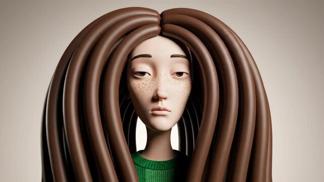 Woman with long brown hair sculpture.