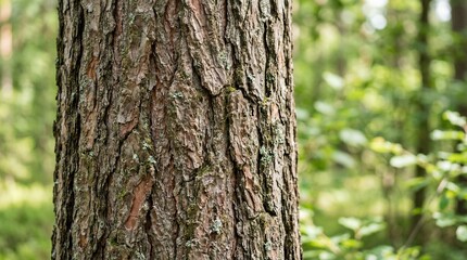 Obraz premium Close-up of rough, textured pine tree bark with green moss in a forest setting.