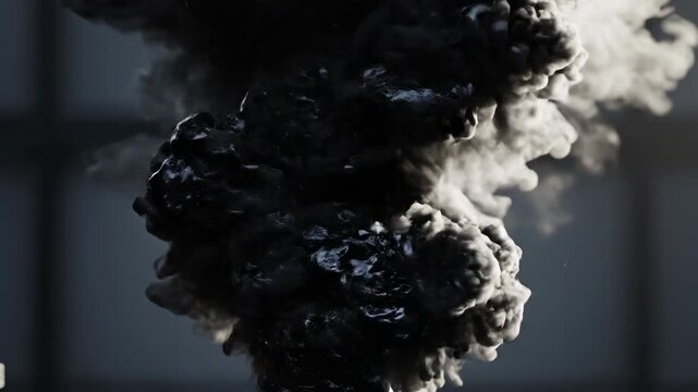 Closeup of dark viscous liquid erupting from industrial pipe fitting, smoke and steam rising, heavy industry, pollution concept