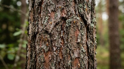 Fototapeta premium Close-up of rough, textured tree bark with moss and lichen in a forest setting