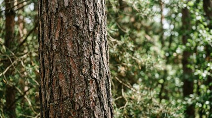 Fototapeta premium Close-up of a rough pine tree trunk in a sunlit forest with green foliage in the background