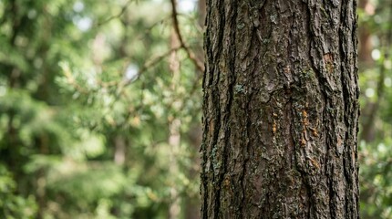 Fototapeta premium Close-up of pine tree bark in a lush green forest, natural texture background
