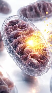 Mitochondria ATP energy cell organelle biology science medical anatomy macro view, detailed membrane and cristae glowing, closeup illustration of mitochondria producing ATP energy with glowing