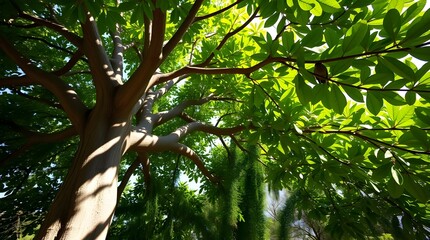 Obraz premium Dynamic Wide Angle View of a Massive Tree Trunk Extending into a Lush Green Leafy Canopy