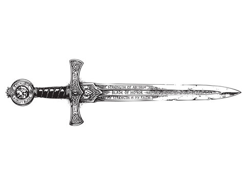 Excalibur sword with ornate details and inscription, vector illustration.