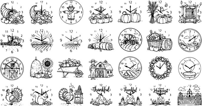 Hand-Drawn Autumn and Thanksgiving Clocks Collection. Detailed Illustrations featuring Harvest Scenes, Pumpkins, Scarecrows, Turkeys, Cornucopias, and Barns for Fall Holiday Designs.