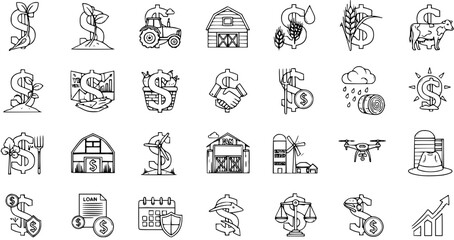 Fototapeta premium Agricultural Finance and Farm Investment Line Icons Set - Economy, Growth, and Rural Business Concepts