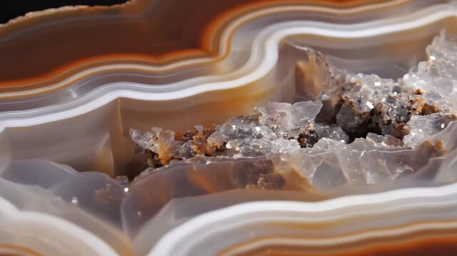 Detailed macro of a banded agate gemstone with crystal formation